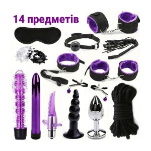 БДСМ набір 14 предметів (фіксація, стимуляція, вібратори, анальні пробки) Фіолетовий